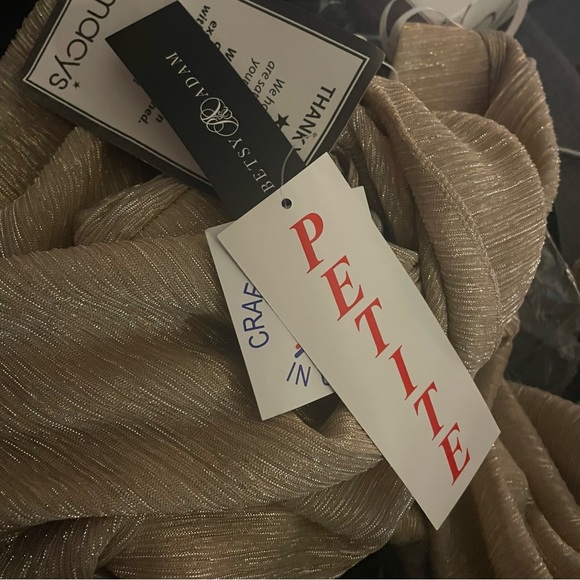 Betsy Adam Gold Drape Back Detail Sleeve Round Neck Metallic Crinkle Ruched Gown - Picture 9 of 9